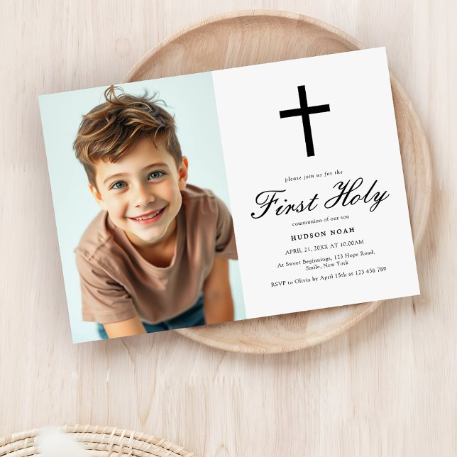 Modern Black Cross Minimalist Boys First Communion Invitation (Creator Uploaded)