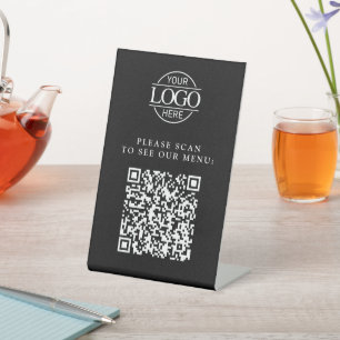 Modern Black Custom Business Logo QR Code Menu Pedestal Sign