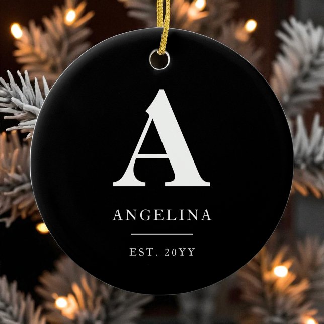 Modern Black Custom Established Monogram Name Ceramic Tree Decoration (Modern Black Custom Established Monogram Name Ceramic Ornament)