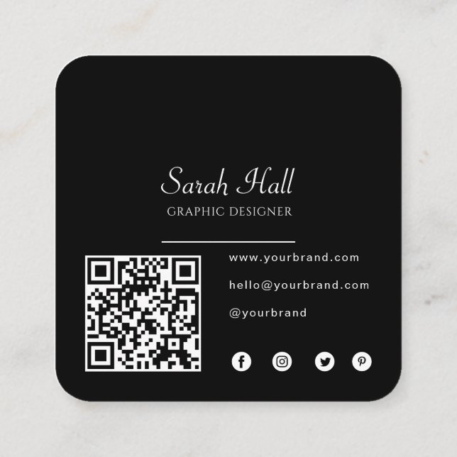Modern Black Custom Logo and QR Code  Square Business Card (Back)