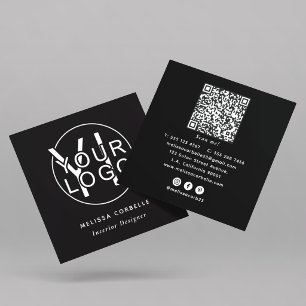 Modern Black Custom Logo, Social Media & QR Code Square Business Card