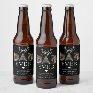 Modern Black Dad Photo Collage Father Day Gift Beer Bottle Label