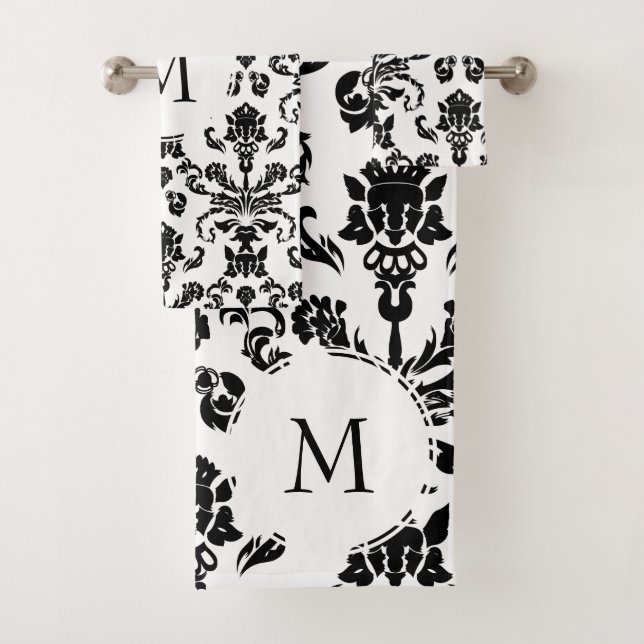 Modern Black Damask Monogram Bath Towel Set (Insitu)