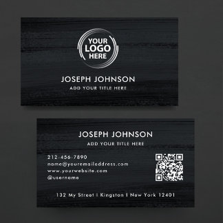 Modern Black Dark Grey Brush White Logo QR Code  Business Card