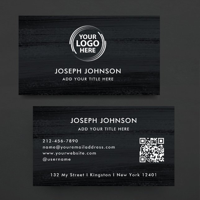 Modern Black Dark Grey Brush White Logo QR Code  Business Card (Creator Uploaded)