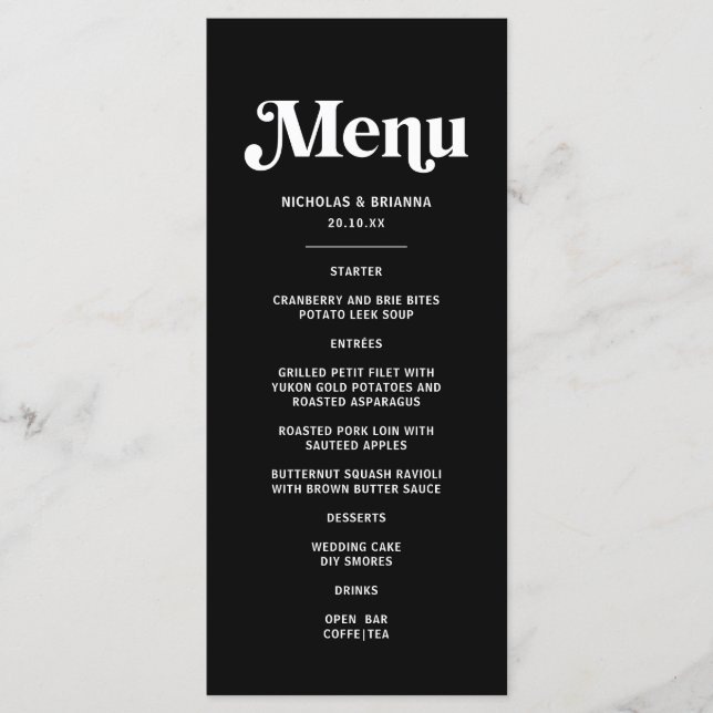 Modern Black Disco Wedding Menu (Front)