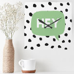 Modern Black Dots & Green Bubble Speech With Hey  Square Wall Clock<br><div class="desc">Modern Black Dots & Green Bubble Speech With Hey</div>