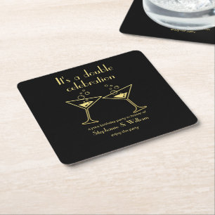 Modern Black Double Celebration Joint Birthday Square Paper Coaster