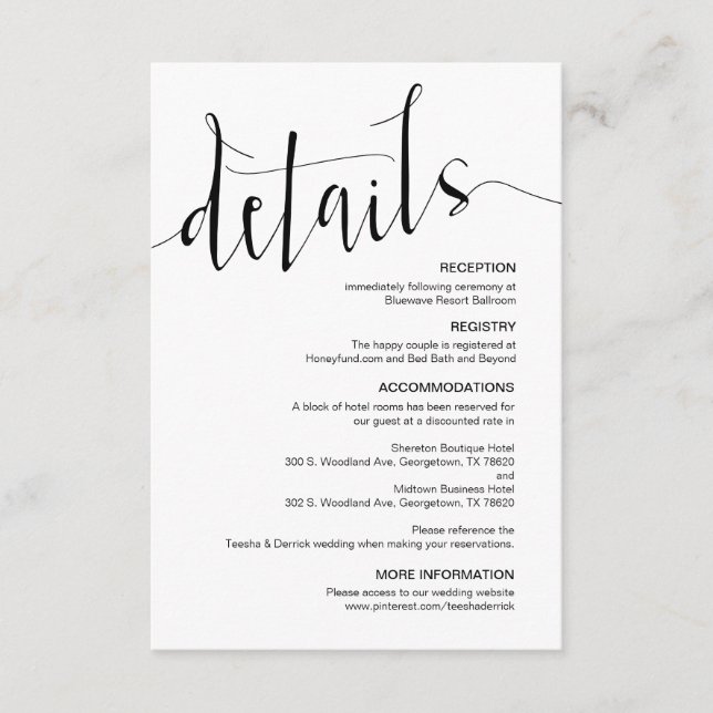 Modern Black Editable Wedding Details Enclosure Card (Front)