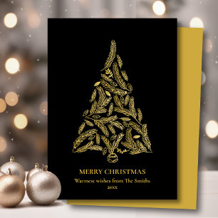 Modern Black Elegant Gold Pine Bough Tree Simple Holiday Card