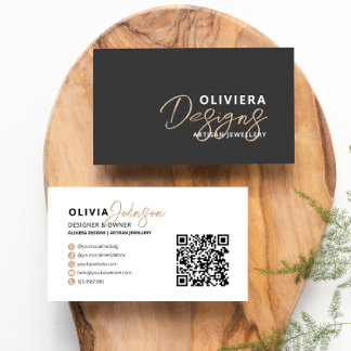 Modern Black Elegant Script Typography QR Code Business Card