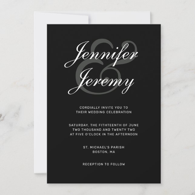 Modern Black Elegant White Grey Script Wedding Invitation (Front)