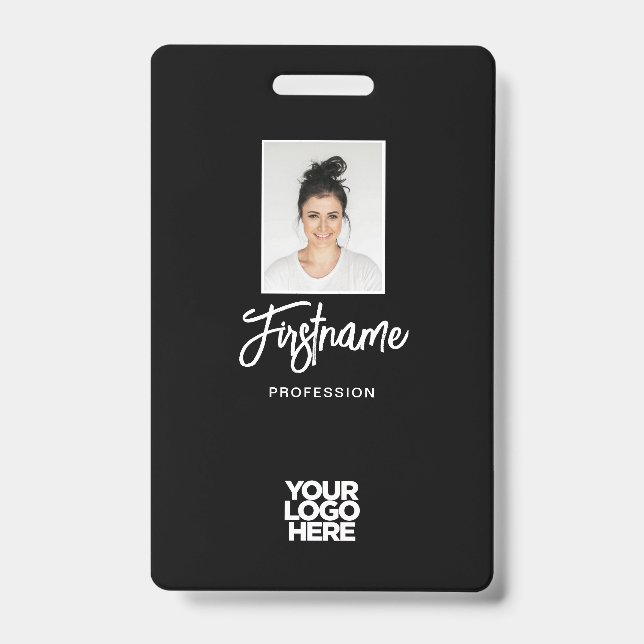 Modern Black Employee Photo, Logo, Name ID Badge (Front)