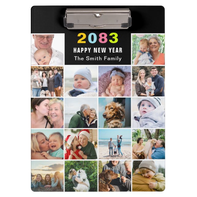 Modern Black Family Photo Collage Custom Text Clipboard (Front)