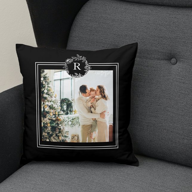 Modern Black | Family Photo | Initial  Cushion (Creator Uploaded)