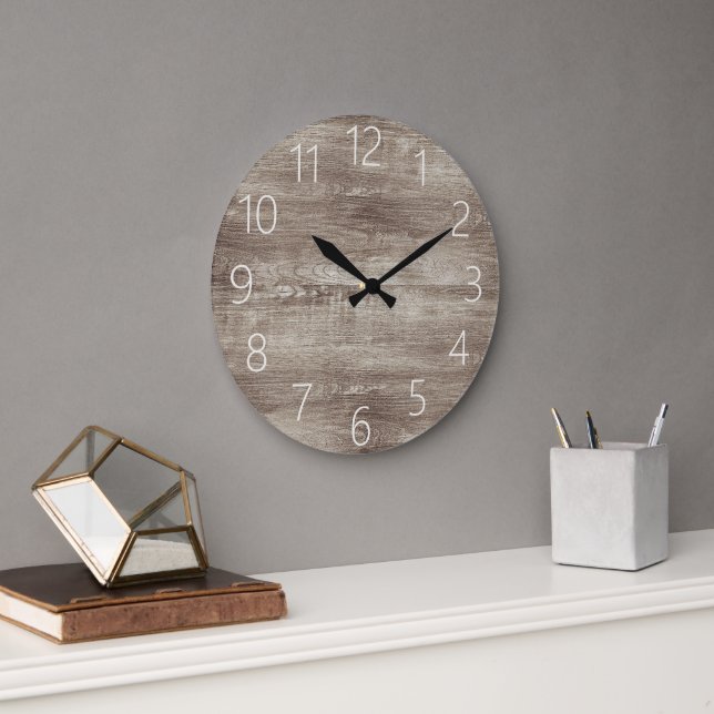 Modern Black Farmhouse Chic Faux Woodgrain Pattern Large Clock (Office)