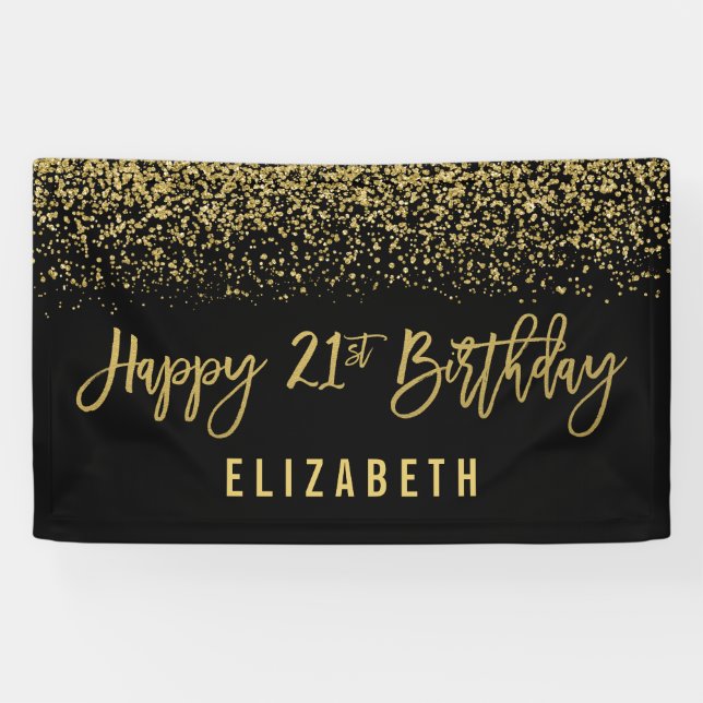 Modern Black Faux Gold Glitter 21st Birthday Banner (Horizontal)