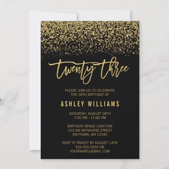 Modern Black Faux Gold Glitter 23rd Birthday Invitation (Front)