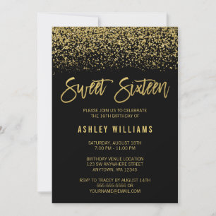 Modern Black Faux Gold Glitter Sweet 16 Birthday Invitation