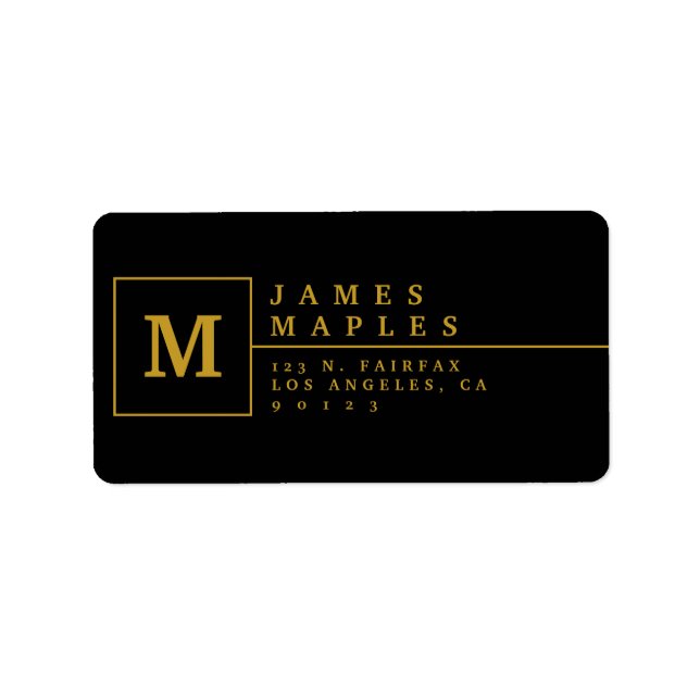 Modern Black & Faux Gold Monogram Return Address Label (Front)