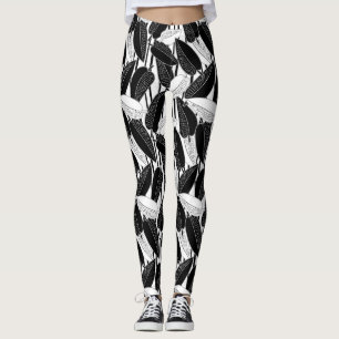 Modern black ficus leaves abstract striped print p leggings