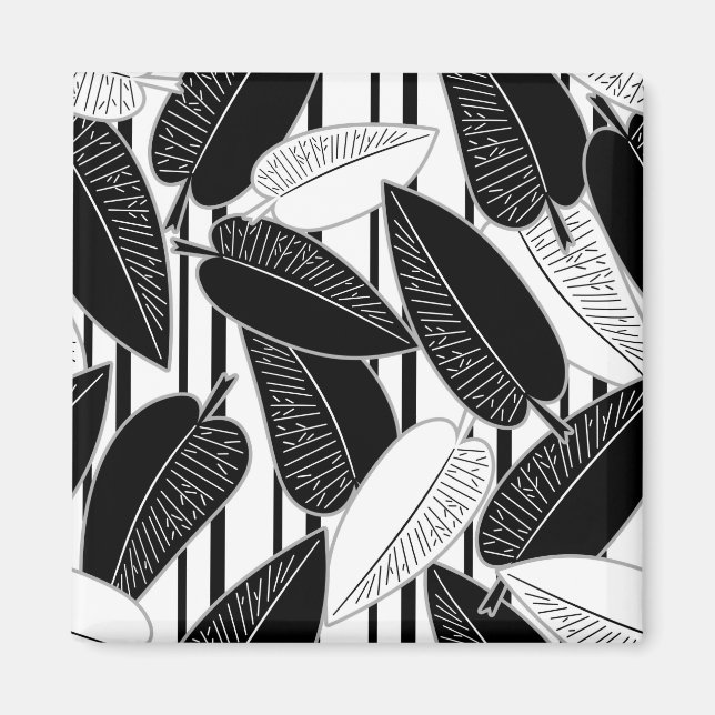 Modern black ficus leaves abstract striped print p magnet (Front)