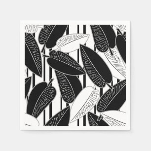 Modern black ficus leaves abstract striped print p napkin