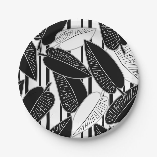 Modern black ficus leaves abstract striped print p paper plate (Front)