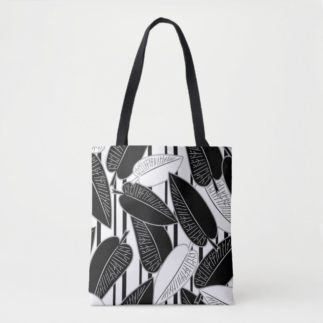 Modern black ficus leaves abstract striped print p tote bag (Front)