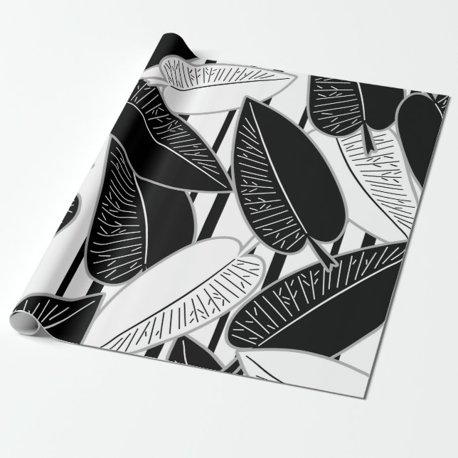 Modern black ficus leaves abstract striped print p wrapping paper (Unrolled)