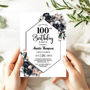 Modern Black Floral 100th Birthday Party Invitation