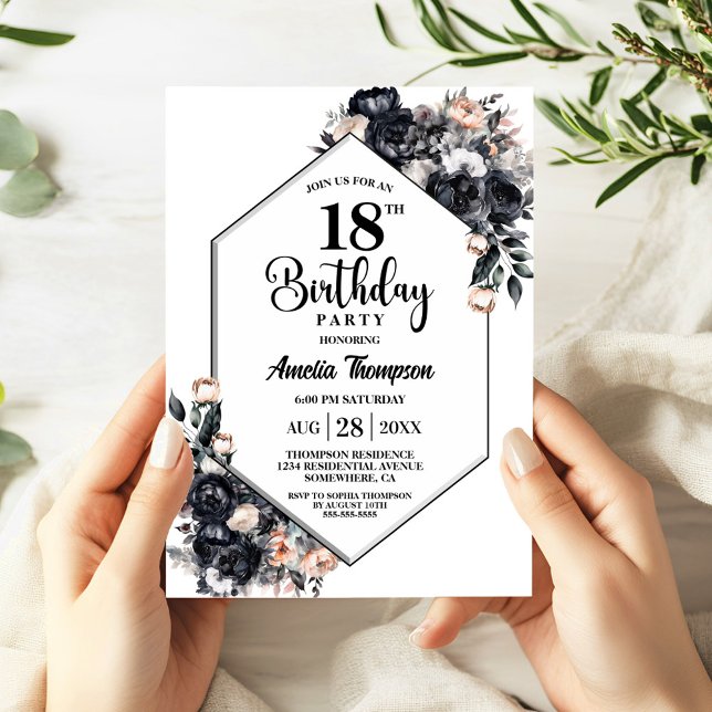 Modern Black Floral 18th Birthday Party Invitation (Creator Uploaded)