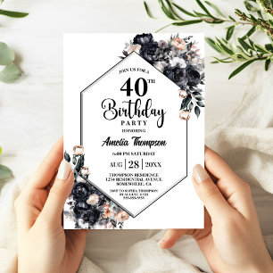Modern Black Floral 40th Birthday Party Invitation