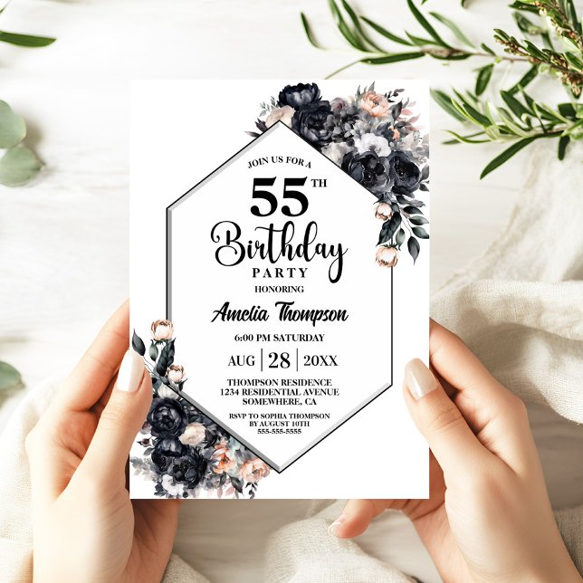 Modern Black Floral 55th Birthday Party Invitation (Creator Uploaded)