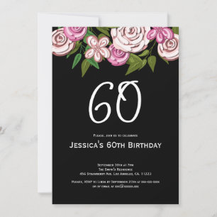 Modern Black Floral 60th Birthday Party Invitation