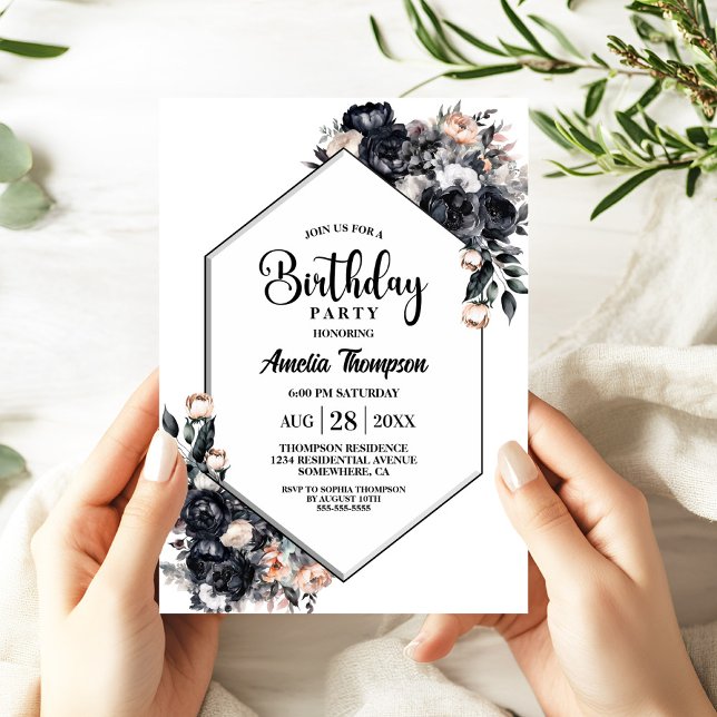 Modern Black Floral Birthday Party Invitation (Creator Uploaded)