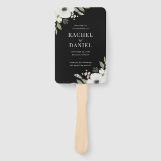 Modern Black Floral Botanical Wedding Program Hand Fan