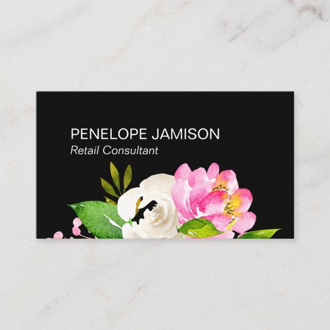 Modern Black Floral  Business Card (Front)
