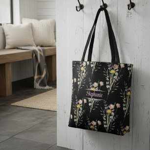 Modern Black Floral Country Wildflowers Throw Pill Tote Bag