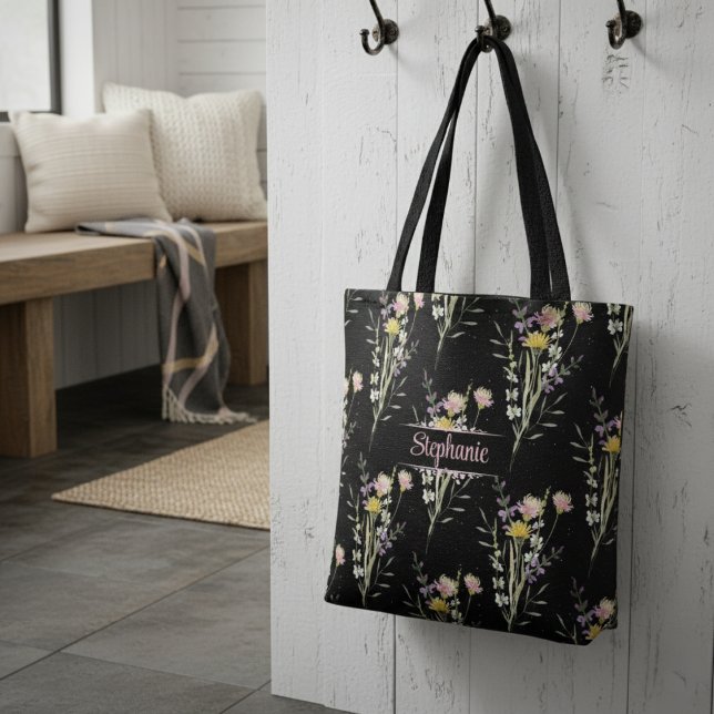 Modern Black Floral Country Wildflowers Throw Pill Tote Bag (Creator Uploaded)