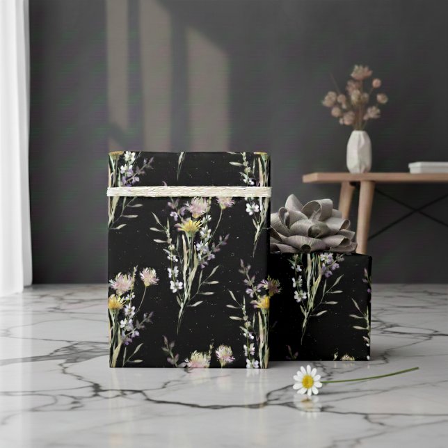 Modern Black Floral Country Wildflowers Wrapping Paper (Creator Uploaded)