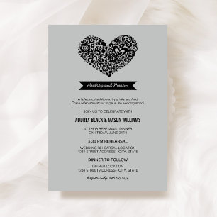 Modern Black Floral Heart   Grey Rehearsal Dinner Invitation