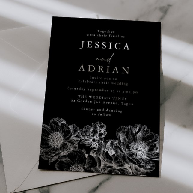 Modern Black Floral line Art Wedding Invitation (Creator Uploaded)
