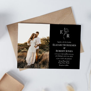 Modern Black Floral Monogram Custom Photo Wedding Invitation