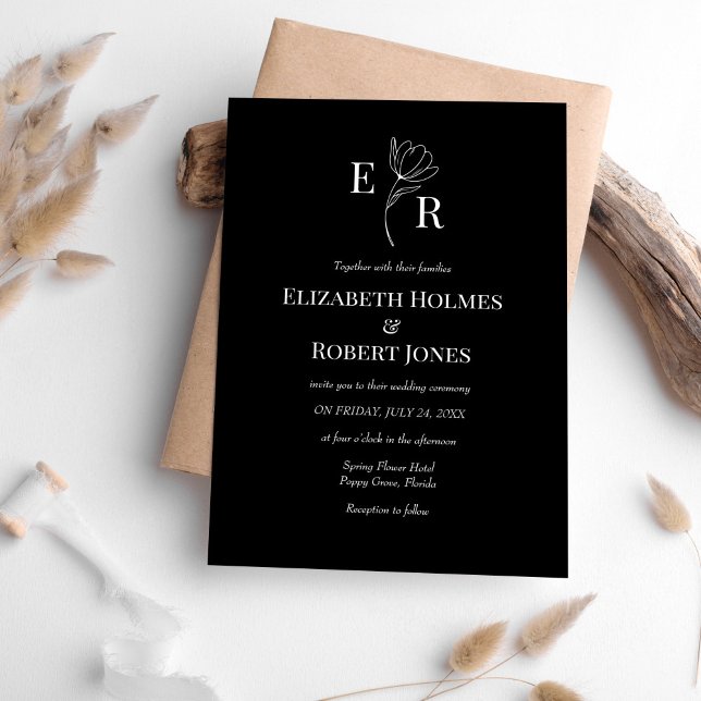 Modern Black Floral Monogram Wedding  Invitation (Modern Black Floral Monogram Wedding Invitation on white table with neutral boho decoration.)