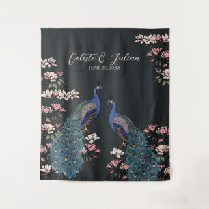 Modern Black Floral Peacock Wedding Backdrop Tapestry