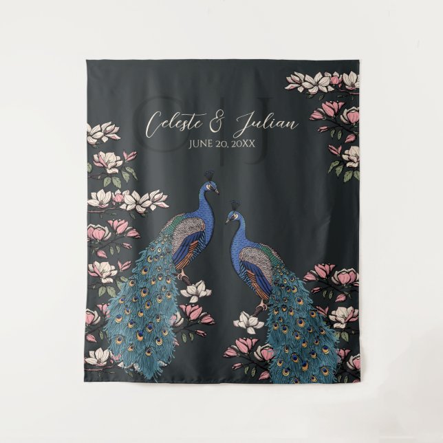 Modern Black Floral Peacock Wedding Backdrop Tapestry (Front)