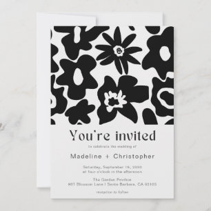 Modern Black Floral QR Code Wedding Invitation