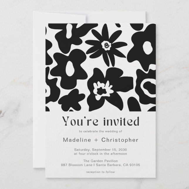Modern Black Floral QR Code Wedding Invitation (Front)