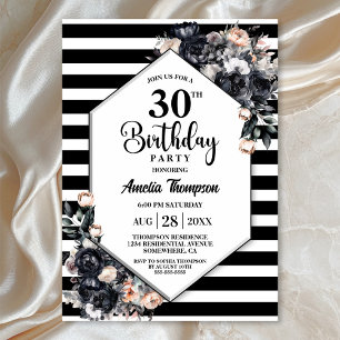 Modern Black Floral Striped 30th Birthday Party Invitation